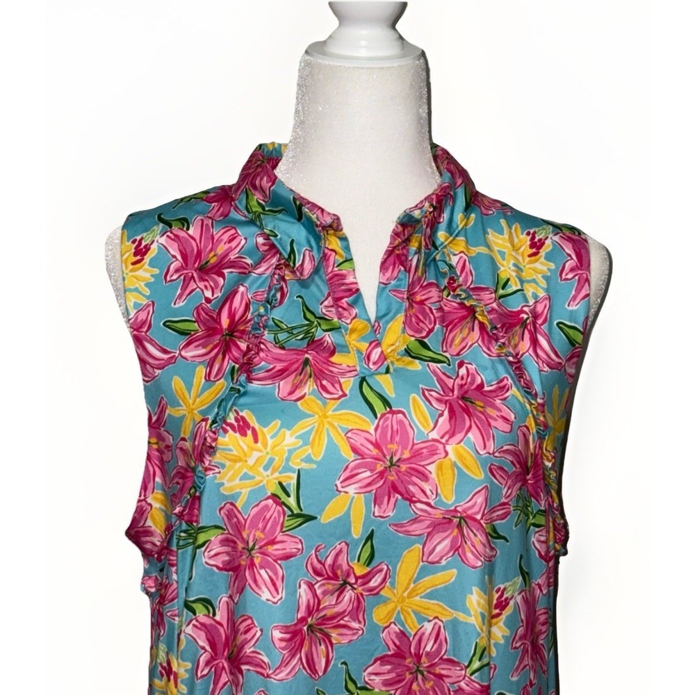 Gottex Turquoise Sleeveless Floral Shift Dress with Pink and Yellow Blooms - Picture 2 of 7